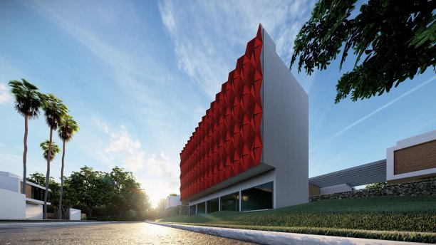 商业建筑，立面风格为3D家居模型，位于社区中心，紧邻主干道，室内装修风格现代。动态立面，红铝，参数化设计。图片下载