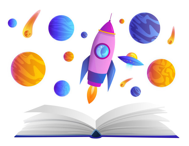 卡通火箭飞船，宇宙的恒星和行星飞过有趣的书页图片下载