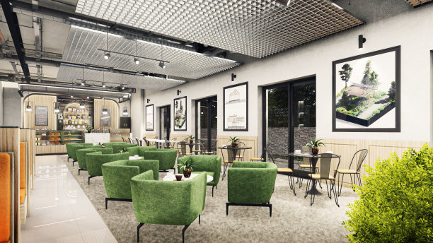 现代餐厅酒廊酒吧“火车站”概念设计3D渲染，3D插画图片下载