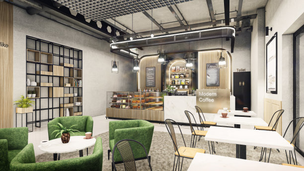 现代餐厅酒廊酒吧“火车站”概念设计3D渲染，3D插画图片下载