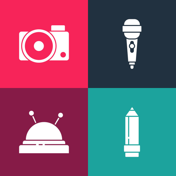 设置流行艺术铅笔与橡皮擦，针床和针，麦克风和相机图标。向量图片下载