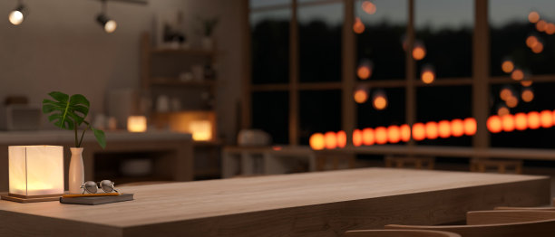 在一个现代的暗室里，在一个带有配件的木制餐桌上的空的模型空间。图片下载