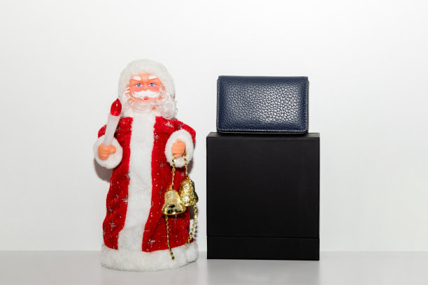 照片的皮革黑色钱包，工作室拍摄。圣诞老人白底摄影，圣诞概念。新年礼物图。图片下载