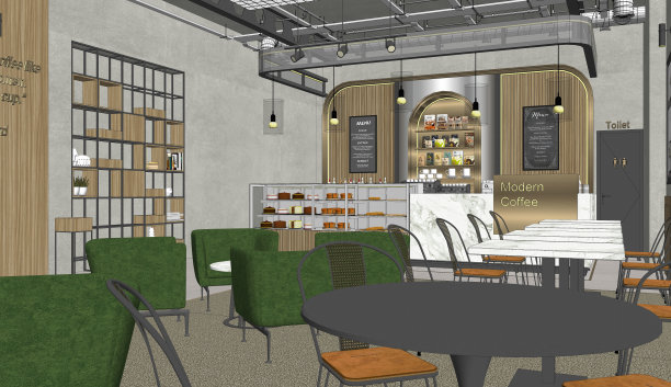 现代餐厅酒廊酒吧“火车站”概念设计3D渲染，3D插画图片下载