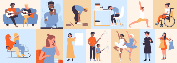 人们日常生活的场景，几何马赛克图案，文字横框图片下载