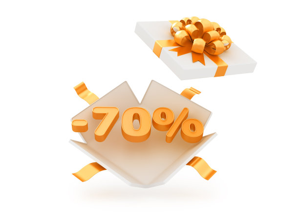 打开礼盒与金色文字-70%的白色背景。黑色星期五和其他季节性销售的广告横幅。图片下载