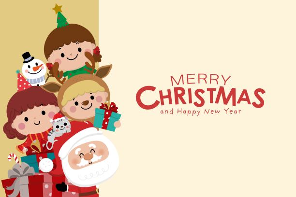 圣诞快乐新年贺卡：圣诞老人、圣诞树下的儿童、驯鹿卡通形象矢量素材图片下载