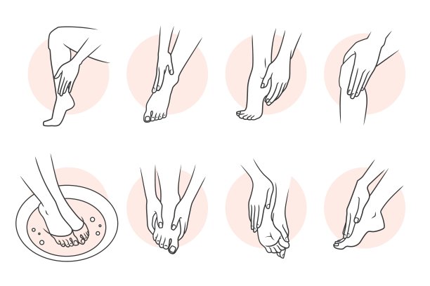 腿霜。足部护理图标。身体按摩与护肤化妆品。女人抚摸小腿和膝盖。女孩在涂保湿霜。足浴。美丽的过程。矢量插图集图片下载