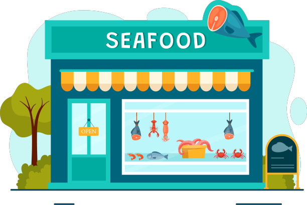 海鲜市场摊位出售新鲜的鱼产品图片下载