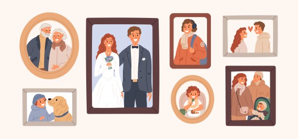 墙上的卡通全家福肖像。与快乐的人合影留念。家庭内部。婚礼照片。父母和孩子在一起。微笑的祖父母。格里什向量集图片下载