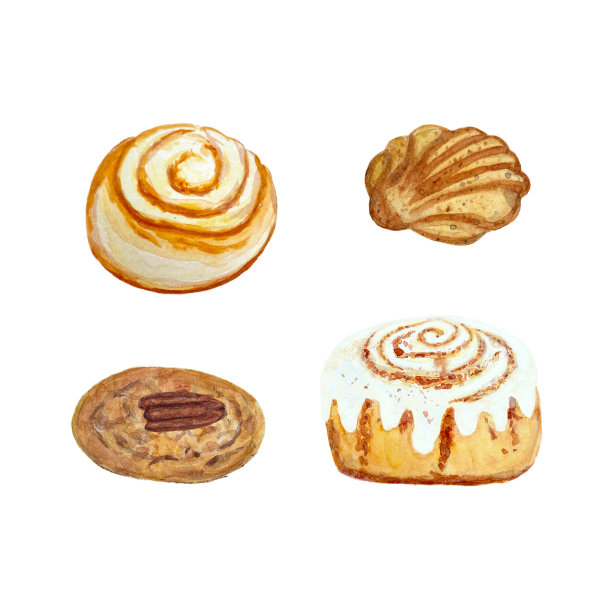水彩甜点、饼干和面包卷图片下载