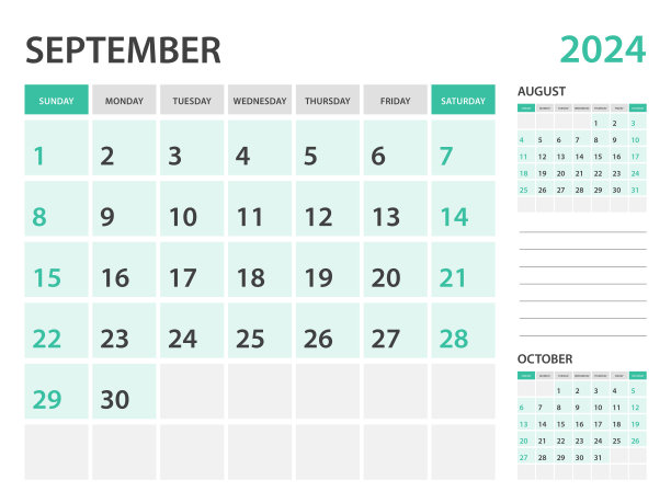 日历2024模板- 9月2024年，每月计划，桌面日历2024模板，墙上日历设计，周开始在星期日，文具，打印，办公室组织者矢量图片下载