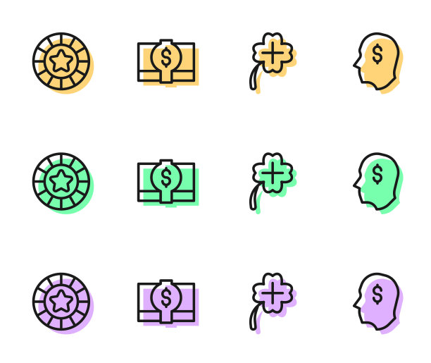 设置线赌场老虎机与三叶草，筹码，堆栈纸币现金和幸运的球员图标。向量图片下载