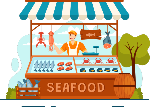 海鲜市场摊位出售新鲜的鱼产品图片下载