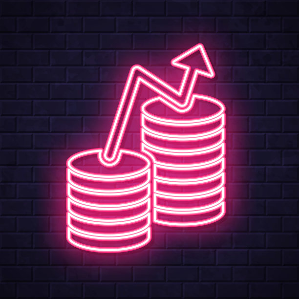 货币增长。在砖墙背景上发光的霓虹灯图标图片下载