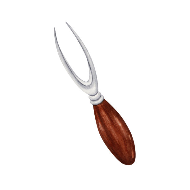 奶酪叉。木柄银餐具。手绘水彩插图孤立的白色背景。美食，奶酪板和拼盘设计元素的餐厅菜单和更多。图片下载