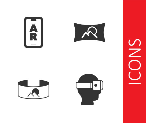 设置虚拟现实眼镜，增强现实，360度视图和广角图片图标。向量图片下载