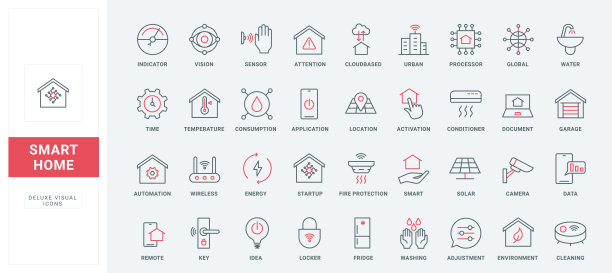 智能家居细黑红线图标集，自动化系统象形图集合图片下载
