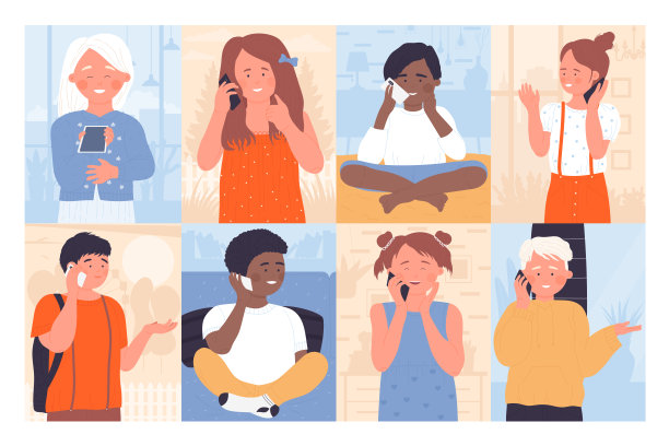 孩子们讲电话，小男孩和女孩打电话与朋友交谈图片下载