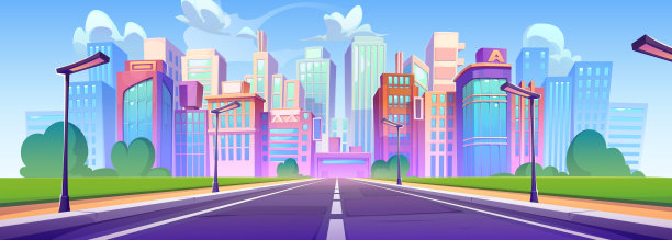 城市景观卡通与建筑物，道路和天空图片下载