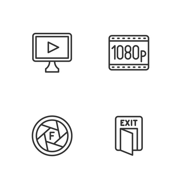 设置线路安全出口，相机快门，在线播放视频和全高清1080p图标。向量图片下载