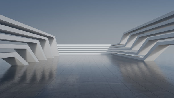 现代建筑抽象建筑设计。空停车场地板和混凝土墙与蓝天景观。图片下载