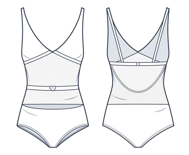 泳装技术时尚插画。紧身衣时尚平面技术图纸模板，v领，网眼，修身，前后视图，白色，女性内衣CAD模型。图片下载