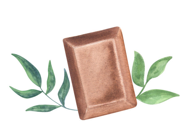 一块方形牛奶巧克力。绿叶，薄荷。食物的剪纸艺术。手绘水彩插图孤立的白色背景。为标识咖啡馆菜单糕点店。图片下载