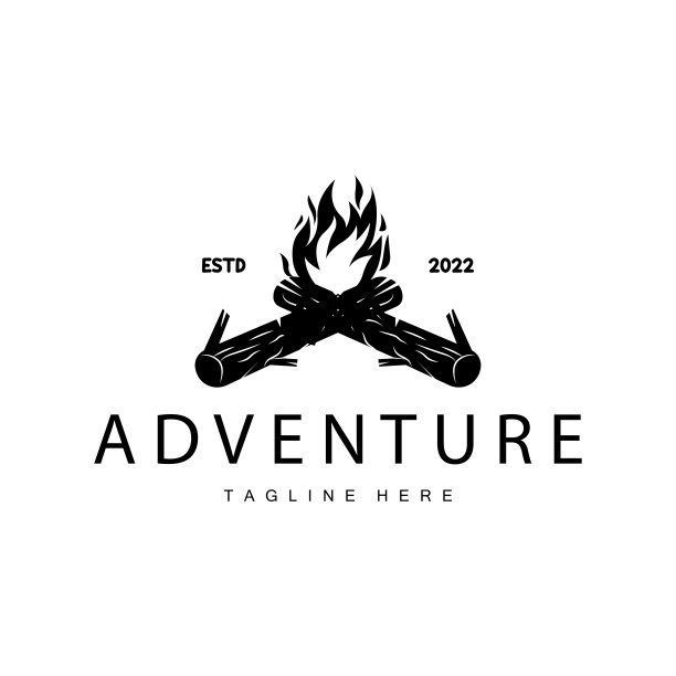 篝火标志，燃烧篝火木材和火露营复古复古冒险设计图片下载