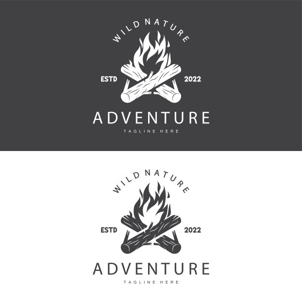 篝火标志，燃烧篝火木材和火露营复古复古冒险设计图片下载