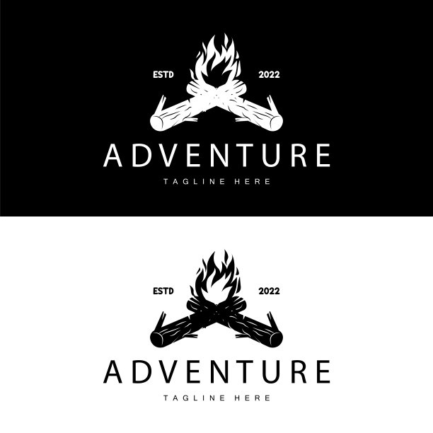 篝火标志，燃烧篝火木材和火露营复古复古冒险设计图片下载