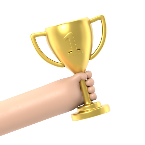 明星奖手握赢家。金色的奖杯。3d插图平面风格设计。首位。胜利奖。获得成就。成功的象征，冠军。白色背景的3D渲染。图片下载