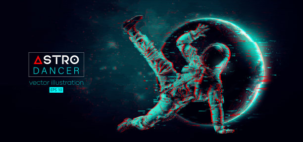 抽象的一个年轻嘻哈舞者的剪影，刹车跳舞的男子宇航员在太空行动和地球，火星，行星的空间为背景。矢量3d渲染图图片下载