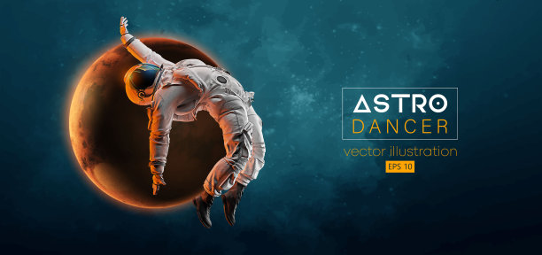 抽象的一个年轻嘻哈舞者的剪影，刹车跳舞的男子宇航员在太空行动和地球，火星，行星的空间为背景。矢量3d渲染图图片下载