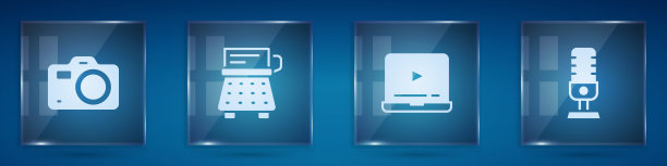 相机，复古打字机，在线播放视频和麦克风。方形玻璃板。向量图片下载