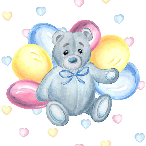 泰迪熊带着蝴蝶结和彩色气球，背景是小心形。明信片模板水彩手绘插画卡片设计，儿童生日聚会，装饰托儿所，封面。图片下载