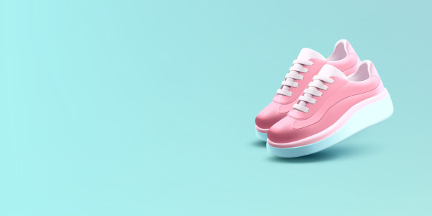 一双粉红色的3D女性运动鞋。适合时尚生活方式，新设计，运动，散步，卖鞋。这张图片的背景是蓝色的。图片下载
