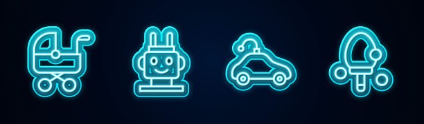 产品系列:婴儿车、机器人玩具、遥控车、球拍。发光的霓虹灯图标。向量图片下载