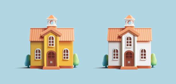 一个经典的郊区豪宅的正面视图的3d渲染插图，渲染图标在两种颜色图片下载