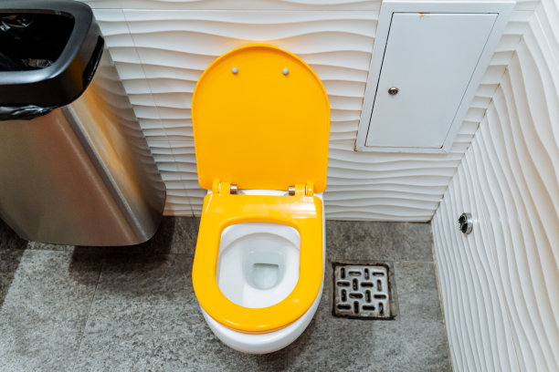 打开马桶盖，厕所，黄色的冲水箱，商场里的厕所，打扫厕所。图片下载