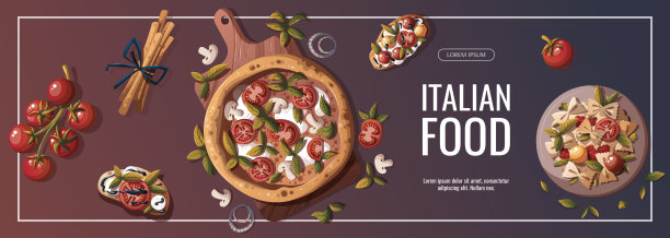 旗帜设计与意大利披萨，意大利面，烤面包，西红柿。图片下载