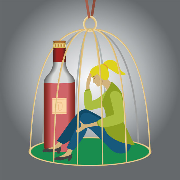 女人和酒瓶被困在笼子里。广场组成。矢量插图。图片下载