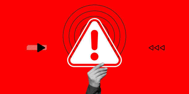 关注的概念。手握红色背景上带有感叹号的危险警告标志。极简艺术拼贴图片下载