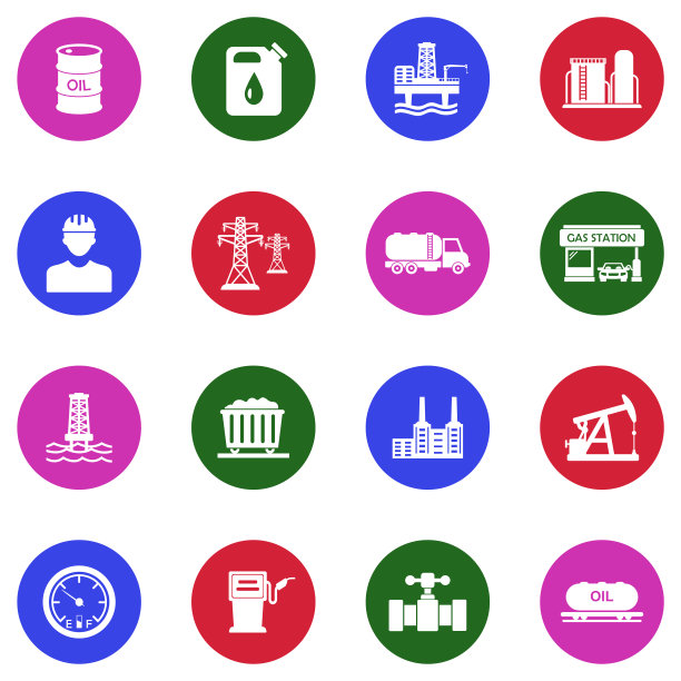 石油和天然气行业的图标。白色平面圆形设计。矢量插图。图片下载