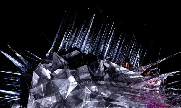 3d渲染抽象艺术3d背景与超现实分形异形立方体或盒子的一部分，基于三角形金字塔形状与锋利的针和尖刺在破碎的玻璃材料在红色和紫色图片下载