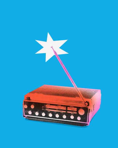 海报。当代艺术拼贴。现代创意艺术。老式电台在红色霓虹灯隔离蓝色背景。图像在旧纸风格。图片下载