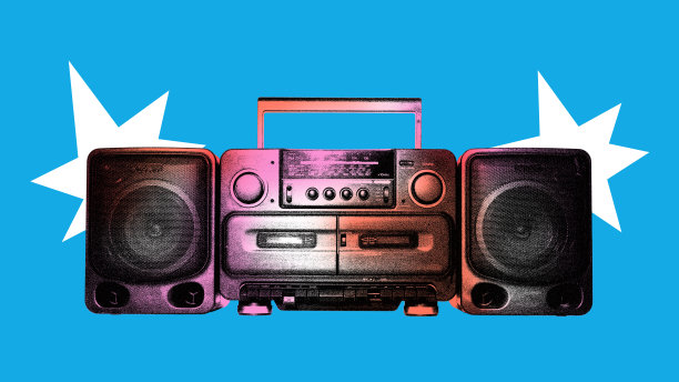 海报。当代艺术拼贴。现代创意艺术。老式录音机在混合霓虹灯孤立的蓝色背景。图像在旧纸风格。图片下载