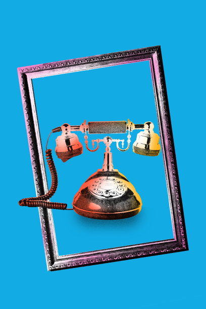 海报。当代艺术拼贴。现代创意艺术。优雅的复古手机在复古框架孤立的蓝色背景。图像在旧纸风格。图片下载