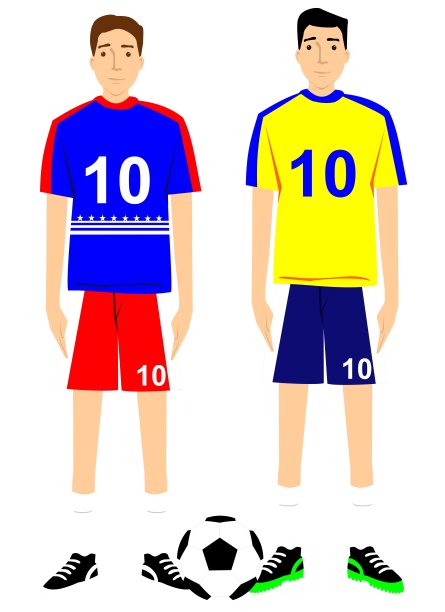 矢量插图两个足球运动员从巴西和美国衬衫10。艺术，绘画，人。图片下载