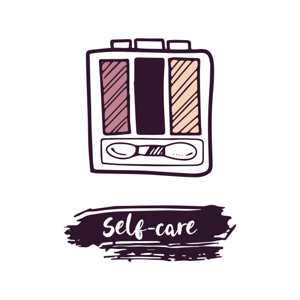 手绘眼影盘，美妆元素，自我护理。为美容院、化妆品店、彩妆设计插画。涂鸦素描风格。图片下载